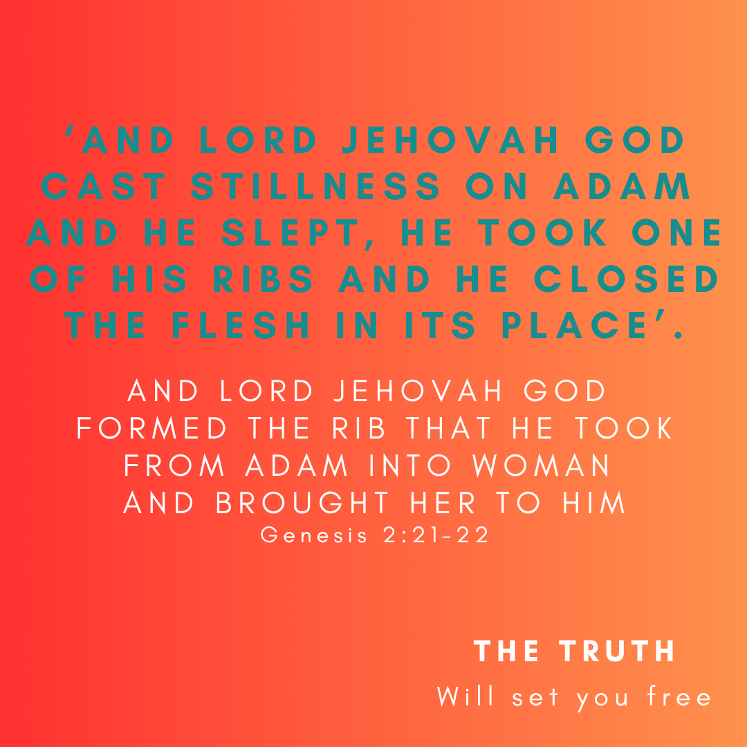 6. AND LORD JEHOVAH GOD FORMED THE RIB THAT HE TOOK FROM ADAM INTO WOMAN AND BROUGHT HER TO HIM Genesis 221-22